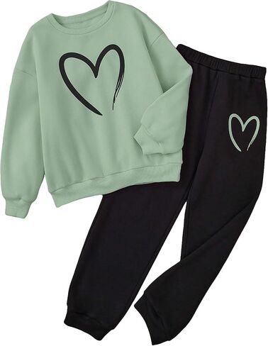 OYOANGLE Girl's Sweatsuit Set 2 Piece Heart Print Long Sleeve Sweatshirts and Joggers Sweatpants Tracksuit in Saudi Arabia
