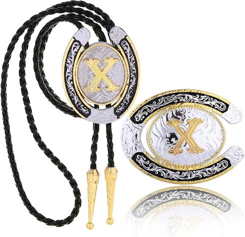 Btilasif 2 Pieces Western Cowboy Belt Buckle Bolo Tie Set Initial Letters A-Z Golden Rodeo Leather Necktie for Men Wedding in Kuwait