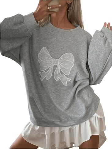 SHENHE Women's Graphic Oversized Bow Print Crew Neck Loose Sweatshirt Casual Pullover Top in Saudi Arabia