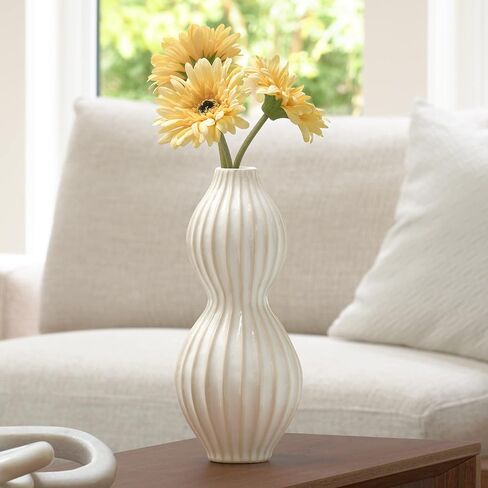Torre & Tagus Anna Ceramic White Vase with Textured Grooves, Handmade Round Bulbous Vase for Flowers with Scandinavian Design, Ribbed Vase with Reactive Glaze Finish, 4.5-inch Height, White in Kuwait