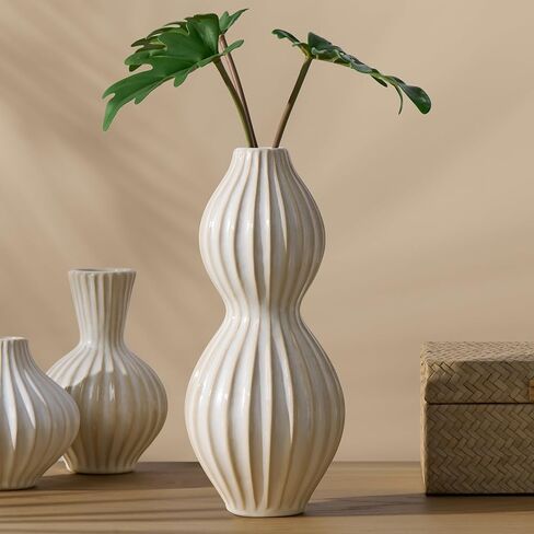 Torre & Tagus Anna Ceramic White Vase with Textured Grooves, Handmade Round Bulbous Vase for Flowers with Scandinavian Design, Ribbed Vase with Reactive Glaze Finish, 4.5-inch Height, White in Kuwait
