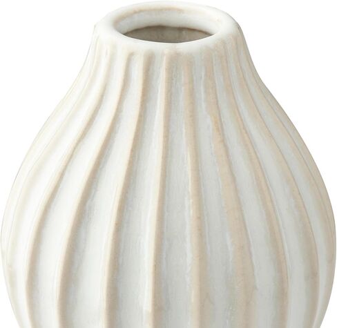 Torre & Tagus Anna Ceramic White Vase with Textured Grooves, Handmade Round Bulbous Vase for Flowers with Scandinavian Design, Ribbed Vase with Reactive Glaze Finish, 4.5-inch Height, White in Kuwait