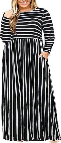 Nemidor Women Long Sleeve Loose Plain Casual Plus Size Long Maxi Dress with Pockets in Kuwait