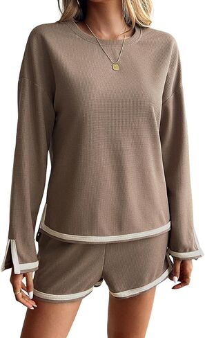Lounge Sets for Women Waffle Knit Pajama Sets Long Sleeve Top and Shorts PJ Matching Loungewear Sweatsuit with Pockets in Saudi Arabia