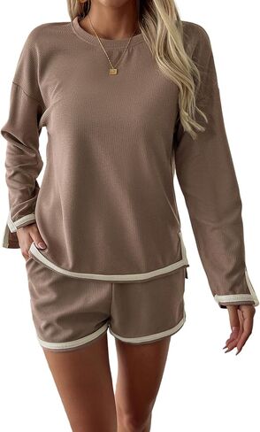 Lounge Sets for Women Waffle Knit Pajama Sets Long Sleeve Top and Shorts PJ Matching Loungewear Sweatsuit with Pockets in Saudi Arabia
