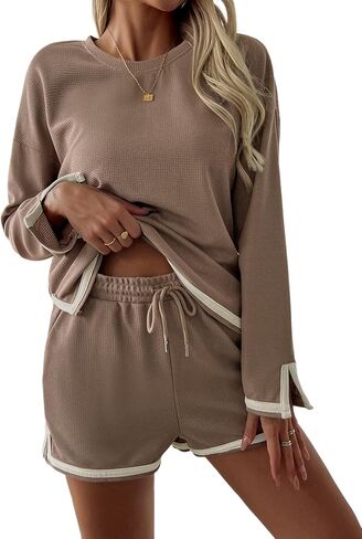 Lounge Sets for Women Waffle Knit Pajama Sets Long Sleeve Top and Shorts PJ Matching Loungewear Sweatsuit with Pockets in Saudi Arabia