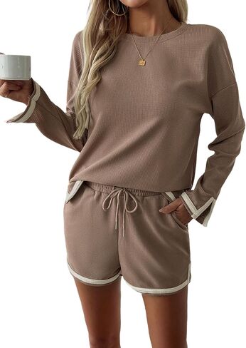 Lounge Sets for Women Waffle Knit Pajama Sets Long Sleeve Top and Shorts PJ Matching Loungewear Sweatsuit with Pockets in Saudi Arabia