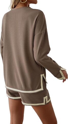 Lounge Sets for Women Waffle Knit Pajama Sets Long Sleeve Top and Shorts PJ Matching Loungewear Sweatsuit with Pockets in Saudi Arabia