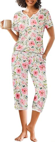 Ekouaer Womens Pajama Sets Short Sleeve Sleepwear Top and Capri Pants 2 Piece Loungewear With Pockets S-XXL in Saudi Arabia