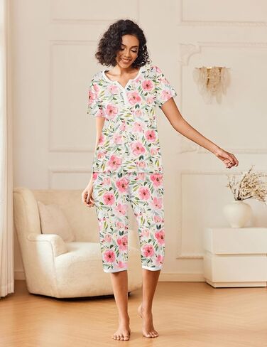 Ekouaer Womens Pajama Sets Short Sleeve Sleepwear Top and Capri Pants 2 Piece Loungewear With Pockets S-XXL in Saudi Arabia