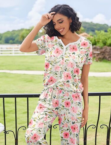 Ekouaer Womens Pajama Sets Short Sleeve Sleepwear Top and Capri Pants 2 Piece Loungewear With Pockets S-XXL in Saudi Arabia