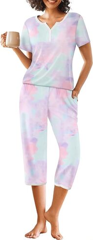 Ekouaer Womens Pajama Sets Short Sleeve Sleepwear Top and Capri Pants 2 Piece Loungewear With Pockets S-XXL in Saudi Arabia