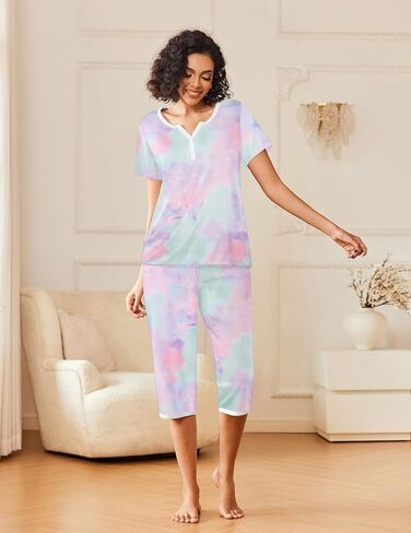 Ekouaer Womens Pajama Sets Short Sleeve Sleepwear Top and Capri Pants 2 Piece Loungewear With Pockets S-XXL in Saudi Arabia