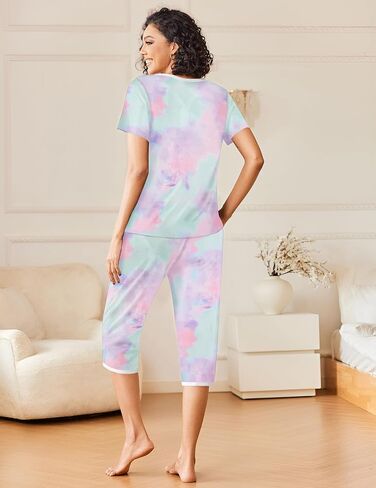 Ekouaer Womens Pajama Sets Short Sleeve Sleepwear Top and Capri Pants 2 Piece Loungewear With Pockets S-XXL in Saudi Arabia