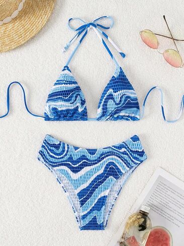 SOLY HUX Women's 2 Piece Halter Bikini Set Wave Print Triangle Top Bathing Suits Thong Bikini Swimsuits in Saudi Arabia