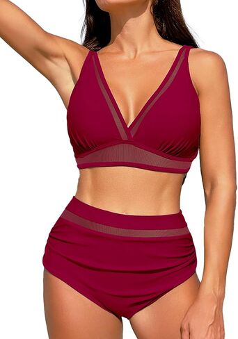 Suvimuga Women High Waisted Bikini Set Mesh Tummy Control Bathing Suits V Neck Ruched Two Piece Swimsuits in Saudi Arabia