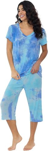 Joyaria Womens Pajama Sets Short Sleeve and Capri Pants Soft Bamboo Viscose 2 Pieces Sleepwear Lounge Set in Kuwait
