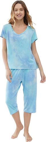 Joyaria Womens Pajama Sets Short Sleeve and Capri Pants Soft Bamboo Viscose 2 Pieces Sleepwear Lounge Set in Kuwait