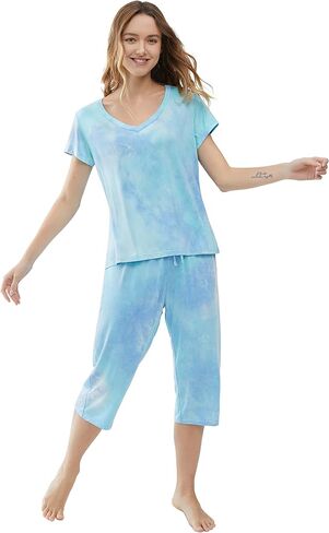 Joyaria Womens Pajama Sets Short Sleeve and Capri Pants Soft Bamboo Viscose 2 Pieces Sleepwear Lounge Set in Kuwait