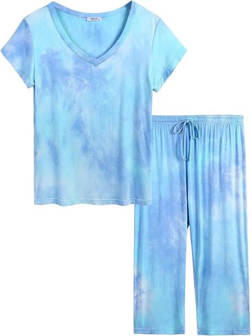 Joyaria Womens Pajama Sets Short Sleeve and Capri Pants Soft Bamboo Viscose 2 Pieces Sleepwear Lounge Set in Kuwait