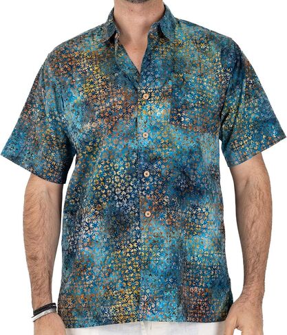 Mens 100% Hand Dyed Batik Cotton Hawaiian Shirt Casual Short Sleeve Button Down Shirts Seminyak Bali in Saudi Arabia