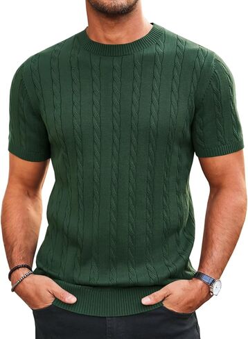 Runcati رجل متماسكة قصيرة الأكمام تي شيرت عادية Crewneck سليم صالح قميص كابل محبوك تمتد البلوز تيز in Kuwait