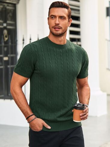 Runcati رجل متماسكة قصيرة الأكمام تي شيرت عادية Crewneck سليم صالح قميص كابل محبوك تمتد البلوز تيز in Kuwait