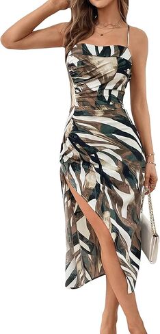 Milumia Women's Printed Ruched Slit Thigh Cami Dress Criss Cross Backless Midi Dresses in Saudi Arabia
