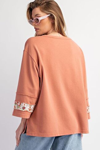 KevaMolly Womens Long Sleeve Tops Floral Patch Graphic Exposed Seam Wide Sleeve Sweatshirt Casual Pullover Top in Saudi Arabia