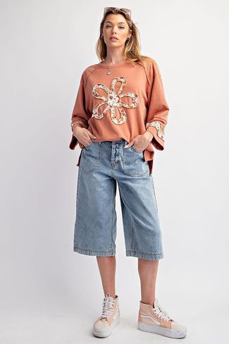 KevaMolly Womens Long Sleeve Tops Floral Patch Graphic Exposed Seam Wide Sleeve Sweatshirt Casual Pullover Top in Saudi Arabia
