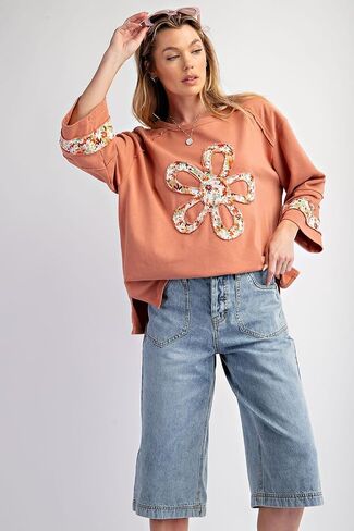 KevaMolly Womens Long Sleeve Tops Floral Patch Graphic Exposed Seam Wide Sleeve Sweatshirt Casual Pullover Top in Saudi Arabia