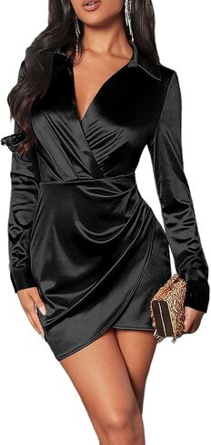 Vrtige Women's Satin Collar V Neck Ruched Front Wrap Hem Long Sleeve Bodycon Mini Dress in Saudi Arabia