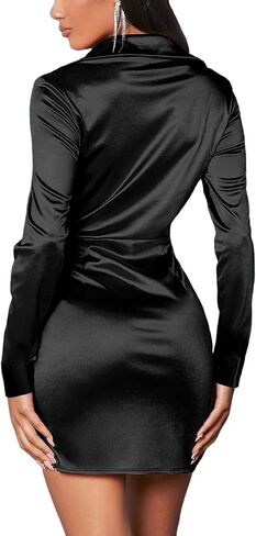 Vrtige Women's Satin Collar V Neck Ruched Front Wrap Hem Long Sleeve Bodycon Mini Dress in Saudi Arabia
