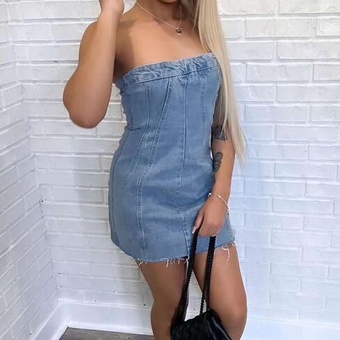 Denim Dress Women Summer Sexy Sleeveless Off Shoulder Casual Bodycon Mini Dress Cocktail Party Wear in Kuwait