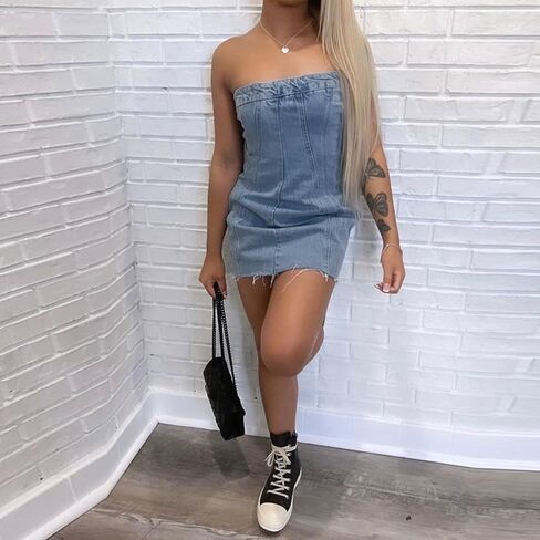 Denim Dress Women Summer Sexy Sleeveless Off Shoulder Casual Bodycon Mini Dress Cocktail Party Wear in Kuwait