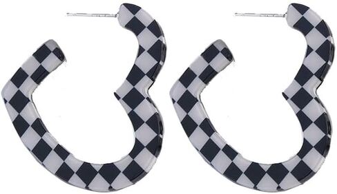 ONLYJUMP Checkerboard Hoop Earrings for Women Colorful Acrylic Resin Checker Black White Grid Lightweight Open C shaped Earrings Y2k Lightweight Xmas Jewelry Gift in Saudi Arabia
