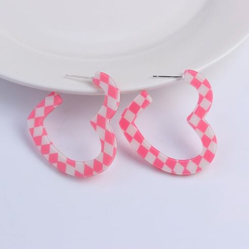 ONLYJUMP Checkerboard Hoop Earrings for Women Colorful Acrylic Resin Checker Black White Grid Lightweight Open C shaped Earrings Y2k Lightweight Xmas Jewelry Gift in Saudi Arabia