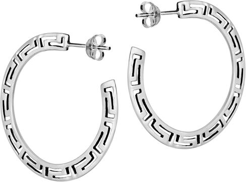 AeraVida Classy Greek Key .925 Sterling Silver Post 33 mm Half Hoop Earrings | Sterling Silver Greek Key Earrings | Half Hoop Earrings for Women | Hoop Earrings for Women in Saudi Arabia
