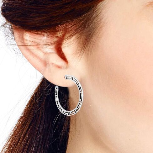 AeraVida Classy Greek Key .925 Sterling Silver Post 33 mm Half Hoop Earrings | Sterling Silver Greek Key Earrings | Half Hoop Earrings for Women | Hoop Earrings for Women in Saudi Arabia