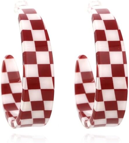 ONLYJUMP Checkerboard Hoop Earrings for Women Colorful Acrylic Resin Checker Black White Grid Lightweight Open C shaped Earrings Y2k Lightweight Xmas Jewelry Gift in Saudi Arabia