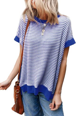 EVALESS Womens Fashion Summer Waffle Knit Tops Trendy Crewneck Short Sleeve Shirts Color Block Striped T Shirts Loose Fit Tee in Saudi Arabia