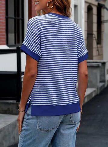 EVALESS Womens Fashion Summer Waffle Knit Tops Trendy Crewneck Short Sleeve Shirts Color Block Striped T Shirts Loose Fit Tee in Saudi Arabia
