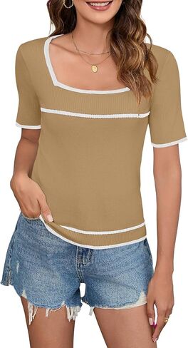 Iandroiy Women's Square Neck Short Sleeve Knit Tops Slim Fit Y2K Color Block T-Shirts in Saudi Arabia