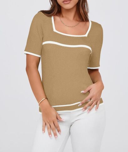 Iandroiy Women's Square Neck Short Sleeve Knit Tops Slim Fit Y2K Color Block T-Shirts in Saudi Arabia