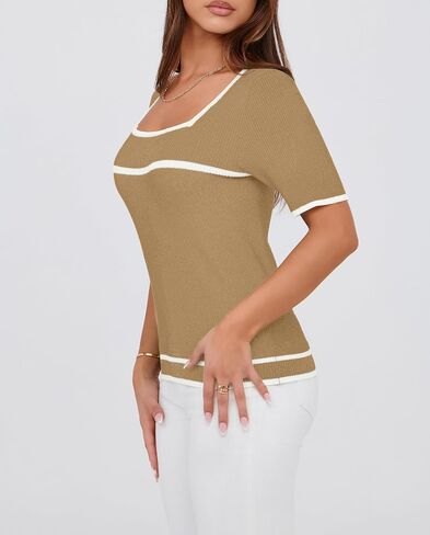 Iandroiy Women's Square Neck Short Sleeve Knit Tops Slim Fit Y2K Color Block T-Shirts in Saudi Arabia