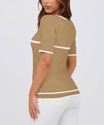 Iandroiy Women's Square Neck Short Sleeve Knit Tops Slim Fit Y2K Color Block T-Shirts in Saudi Arabia