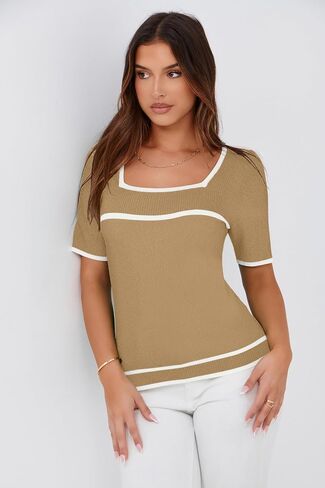 Iandroiy Women's Square Neck Short Sleeve Knit Tops Slim Fit Y2K Color Block T-Shirts in Saudi Arabia
