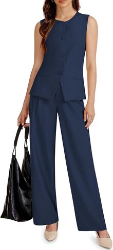 Women's Summer 2 Piece Blazer Outfits Sleeveless Crewneck Vest Wide Leg Pantsuit 2025 Dressy Casual Work Sets in Kuwait