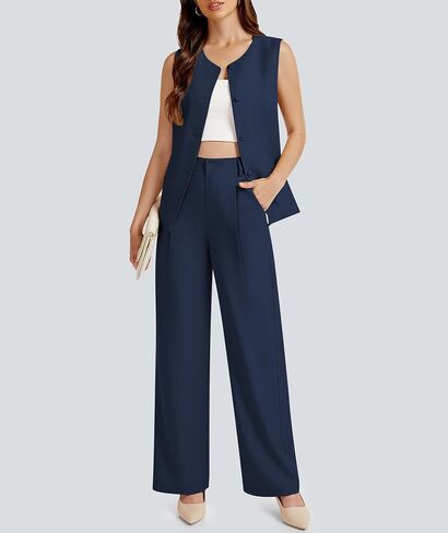 Women's Summer 2 Piece Blazer Outfits Sleeveless Crewneck Vest Wide Leg Pantsuit 2025 Dressy Casual Work Sets in Kuwait