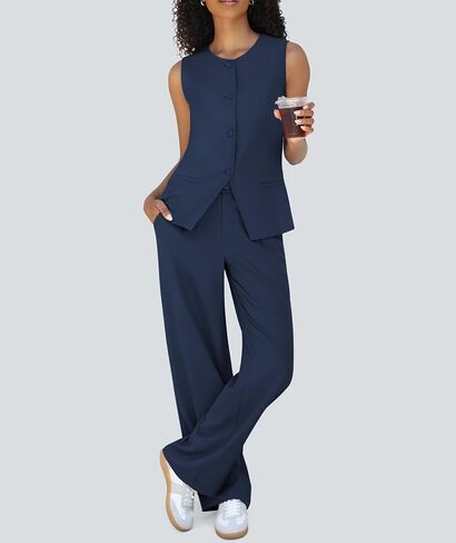 Women's Summer 2 Piece Blazer Outfits Sleeveless Crewneck Vest Wide Leg Pantsuit 2025 Dressy Casual Work Sets in Kuwait